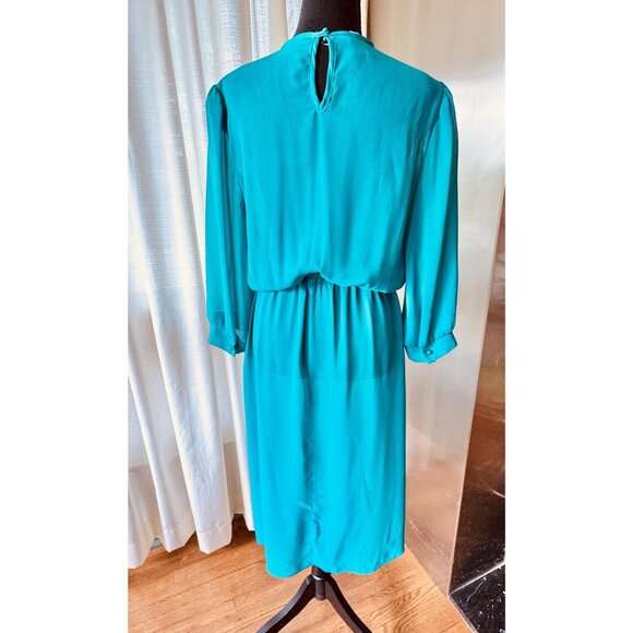 Vintage 80s A-line dress, turquoise, pleated bodice, assorted belt, long sleeves - Picture 4 of 8